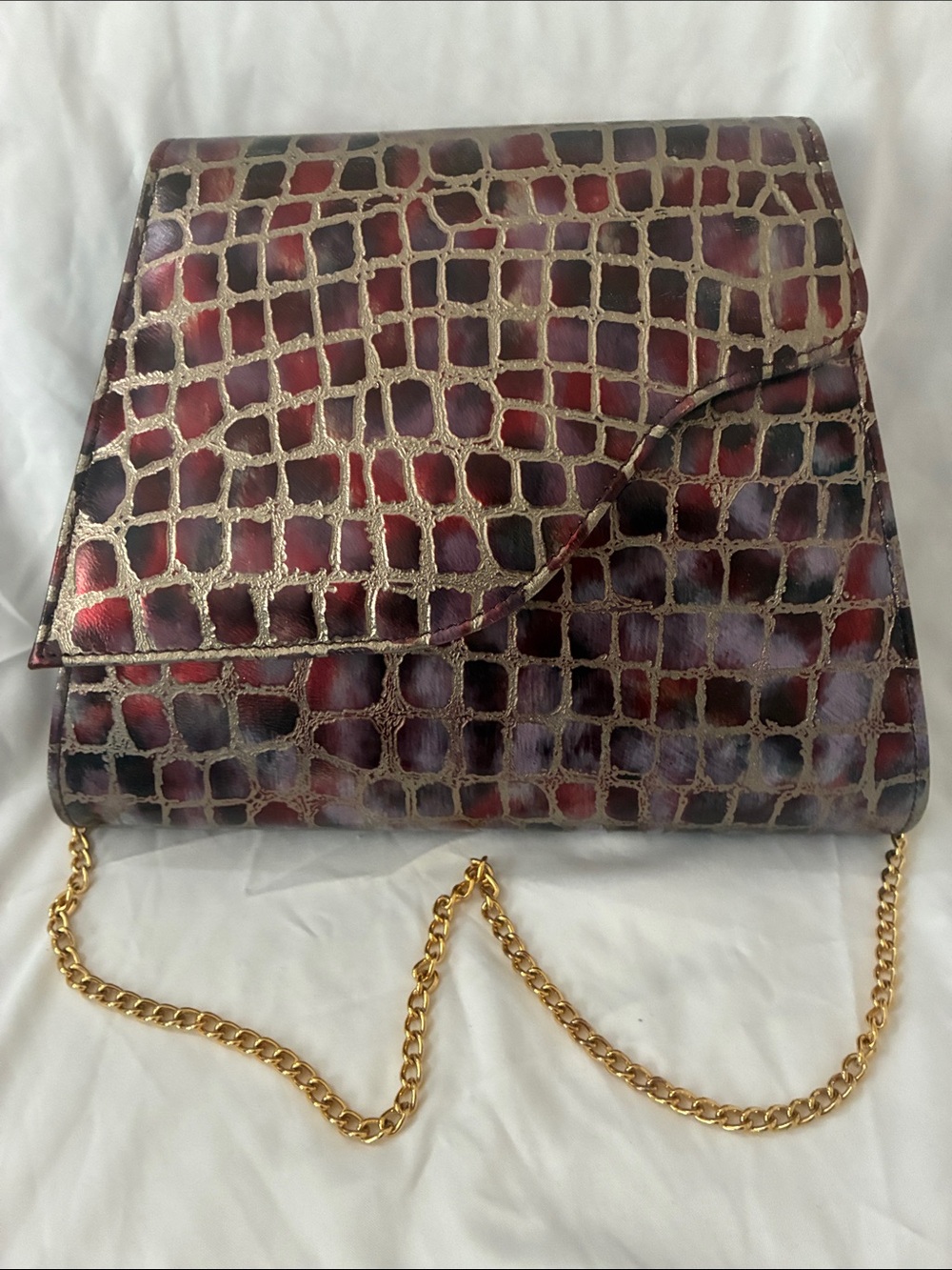 NWT Bellini Leather Astro Metallic Red Croc-Embossed with gold Chain Bag/Clutch